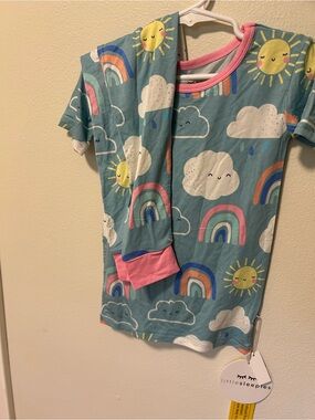 Little Sleepies Teal Rainbow & Sun Short Sleeve Pajama Top with Pink Trim